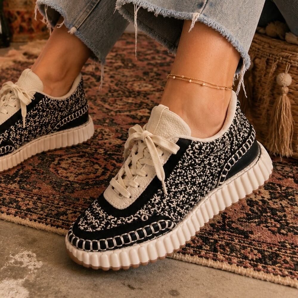 Dolce Vita Dolen Woven Knit Black + Ivory Platform Sneakers Size 7.5